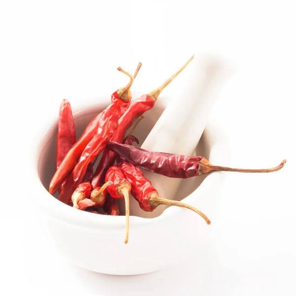 Red Chili in white mortar Red Chili isolated on white background