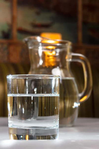 Glass and carafe with clean water.