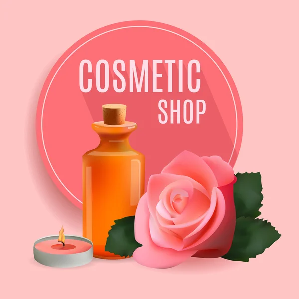 Oil Cosmetic Bottle with Candle and Rose . Template  Cosmetic Shop, Spa Salon, Beauty Products Package, Medical Care Treatment. Invitation Cards, Vouchers, Advertisement, Business.