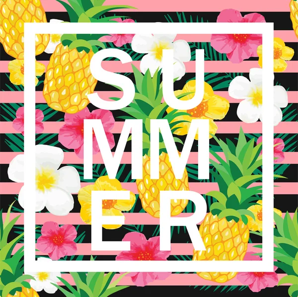 Tropical Background with Pineapple, Exotic Flowers. Summer Inscription. Vector Illustration for Banner, Backdrop, t-shirt, Poster, Textile