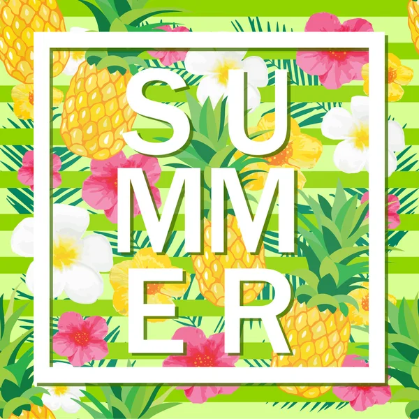 Tropical Background with Pineapple, Exotic Flowers. Summer Word. Vector Illustration for Banner, Backdrop, t-shirt, Poster, Textile