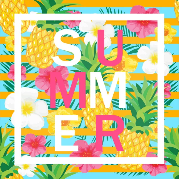 Tropical Background with Pineapple, Exotic Flowers. Summer Letters. Vector Illustration for Banner, Backdrop, t-shirt, Poster, Textile