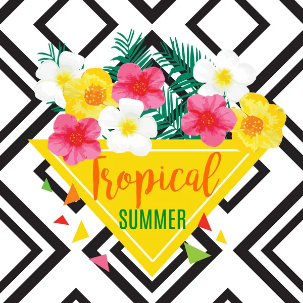 Exotic Flowers Banner Isolated. Vector geometric illustration with Black stripes. Tropical Summer Poster.