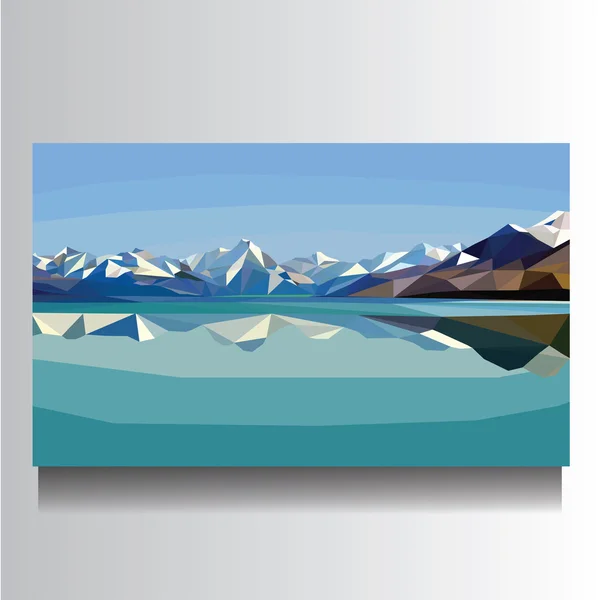 Illustration of landscape picture with mountains and lake on canvas