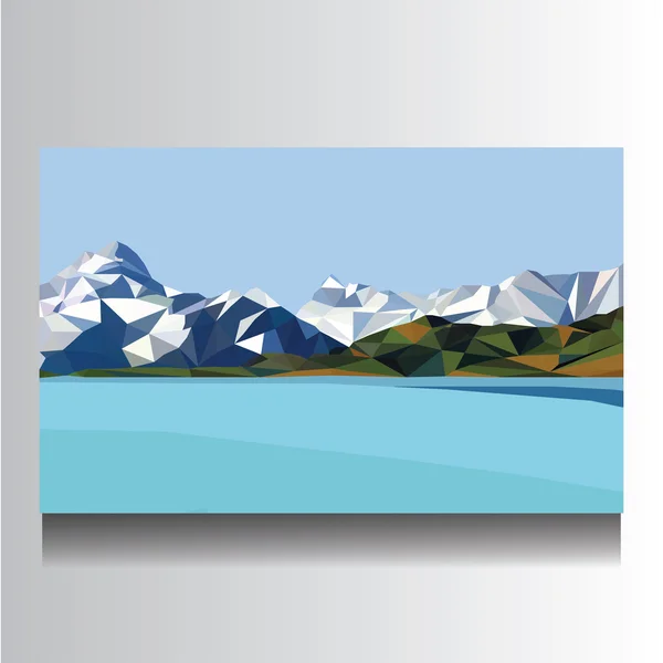 Illustration of landscape picture with mountains and lake on canvas