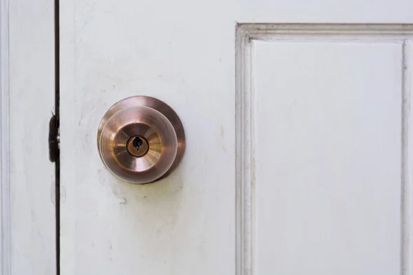 Door knob and keyhole on white wooden door