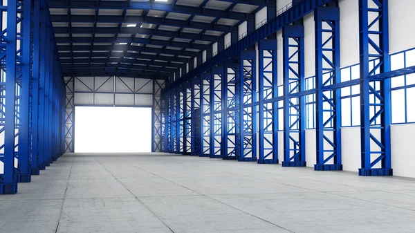 Empty warehouse with blue painted construction interior