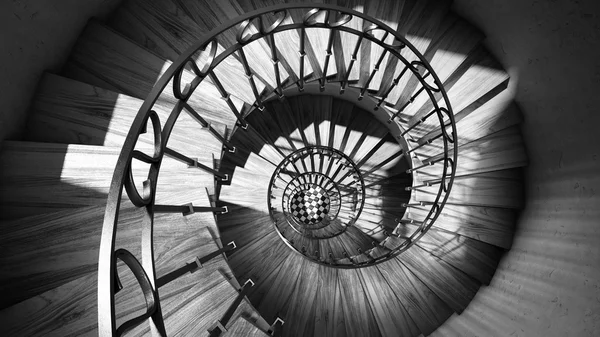 Wooden spiral stairs with rails in sun light interior black and white art