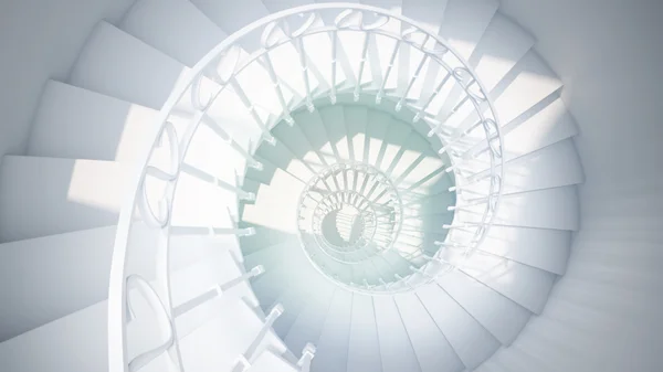 Blue spiral stairs with rails in sun light abstract