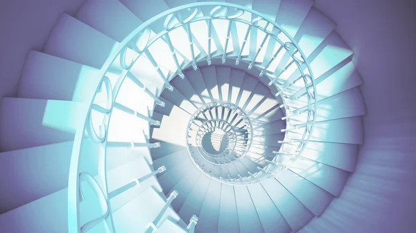 Dark blue spiral stairs with rails in sun light abstract