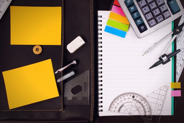 Office table desk with set of Office Stationery or Math Supplies.