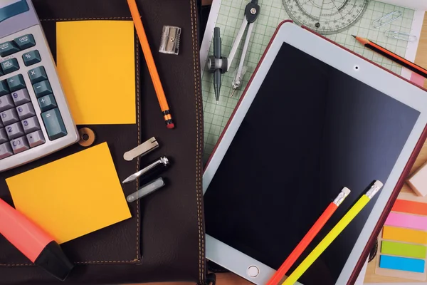 Office table desk with set of Office Stationery or Math Supplies.