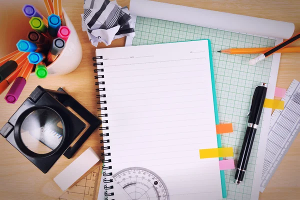 Office table desk with set of Office Stationery or Math Supplies.