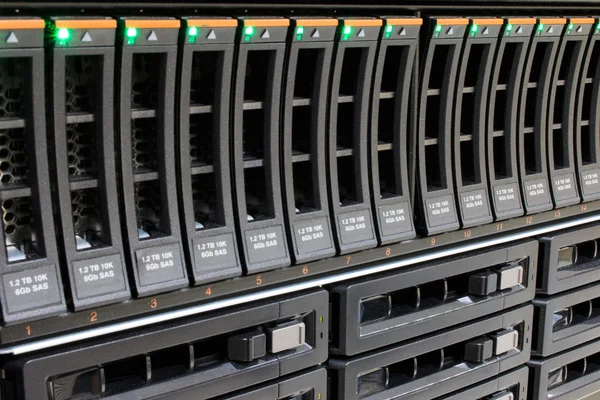 Data Center Hard Drives array in data center server rack.