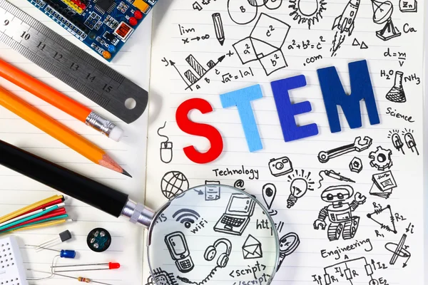 STEM education. Science Technology Engineering Mathematics. STEM concept with drawing background. STEM icon set.