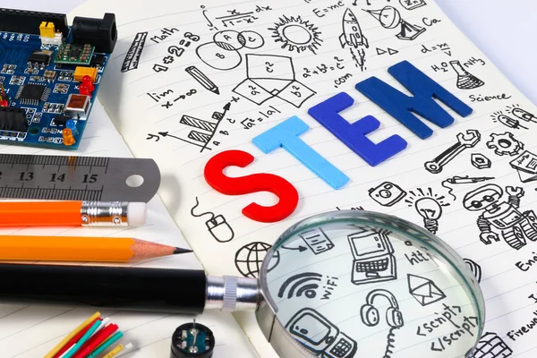 STEM education. Science Technology Engineering Mathematics. STEM concept with drawing background. STEM icon set.