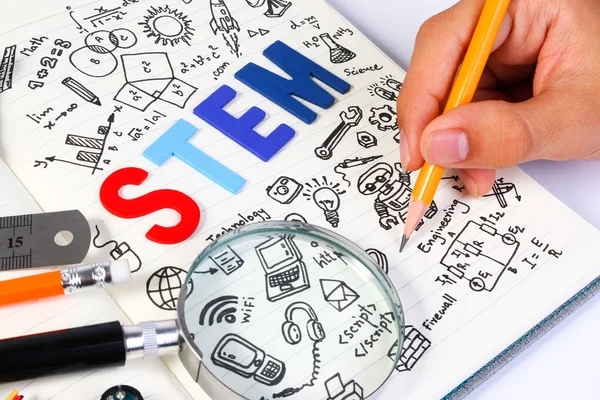 STEM education. Science Technology Engineering Mathematics. STEM concept with drawing background. STEM icon set.