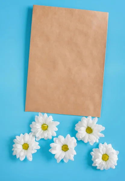 Kraft envelope and white chrysanthemums on a blue background. Copy space and room for the signature.  Spring mood. Romantic letter and message.