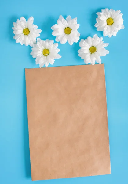 Kraft envelope and white chrysanthemums on a blue background. Romantic letter and message. Spring mood. Copy space and room for the signature.