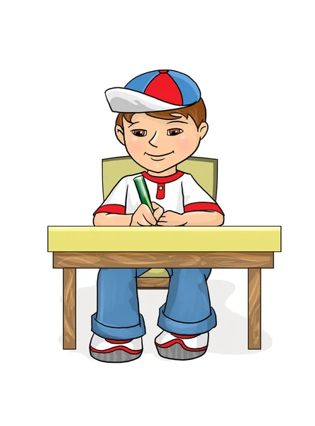 Boy sitting at a table and wrote. Student Examination. Exam. School, Preschool age.