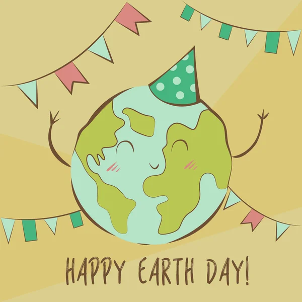 Happy Earth Day illustration. Holiday concept. Cute kawaii Planet in pastel colors. Happy character, funny and joyful celebration. Vector image.
