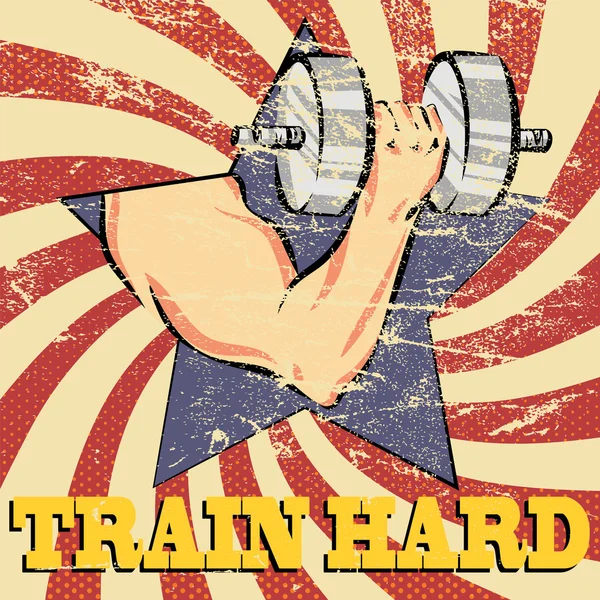 Trane hard, strong bicep Illustration. Workout, fitness, bodybuilding  sport icon. Creative vector cartoon style poster. Retro rays, scrathed texture.