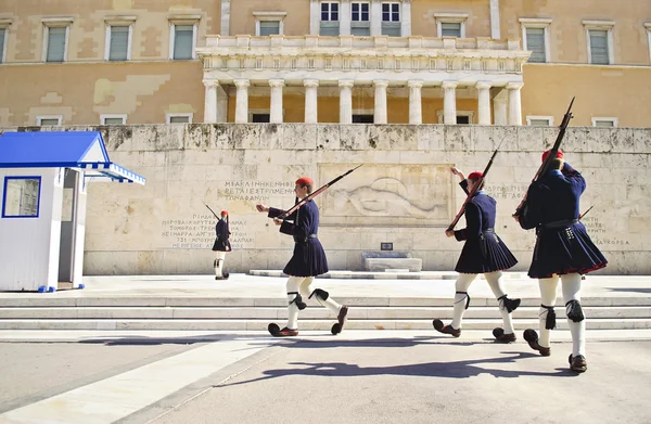 Greek evzones guarding the presidential mansion Athens Greece