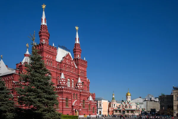 Moscow. Red Square. View of the Historical Museum and the Kazan Cathedral of the Kremlin wall