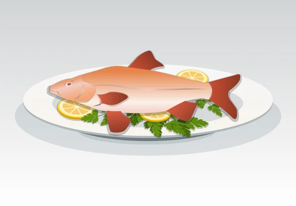 Fish icon. Crucian on white plate with lemon and herbs. Food, seafood dish symbol. Vector isolated.