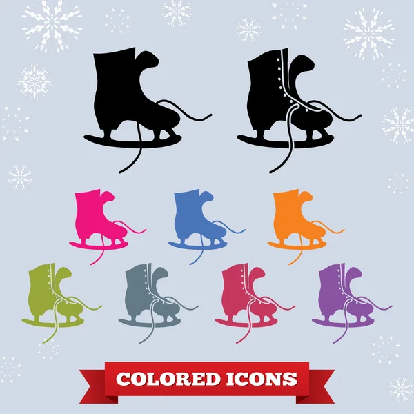 Skate with laces icon set. Sport, winter, holiday symbol. Black and different colored signs on light gray background of snowflakes. Vector