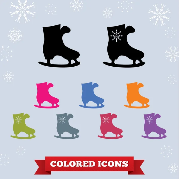 Skating icon. Sport, winter symbol. Black, lilac, magenta green orange blue signs on white-gray background with snowflakes and ribbon. Vector isolated