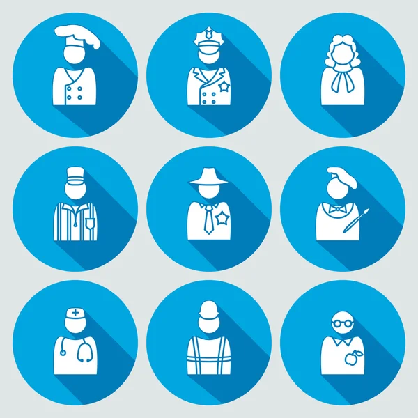 People profession icon set. Judge artist referee doctor teacher sherif cook worker policeman. Person, avatar symbols. Round white sign on blue flat button with long shadow. Vector