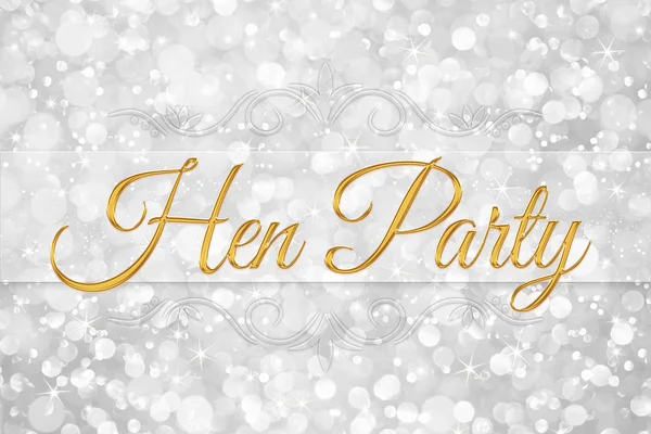Hen party word on white silver glitter bokeh abstract background