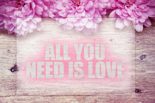 Pink flowers on wooden with word All you need is love