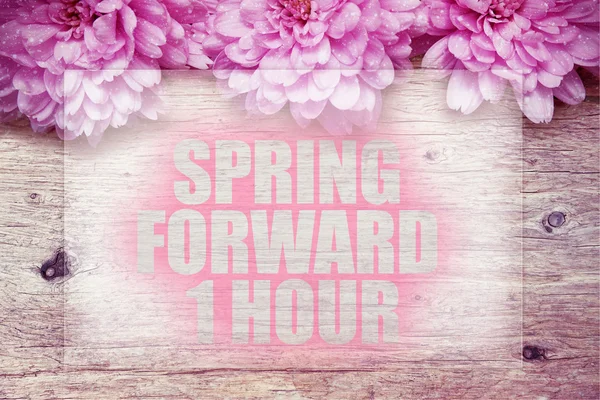 Pink flowers on wooden with word Spring forward 1 hour