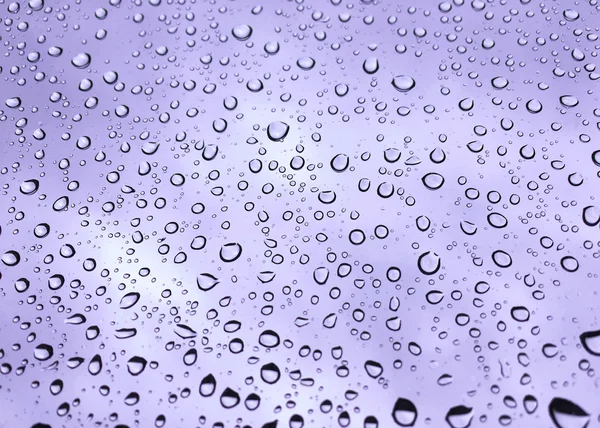 Rain drops on glass window purple sky background