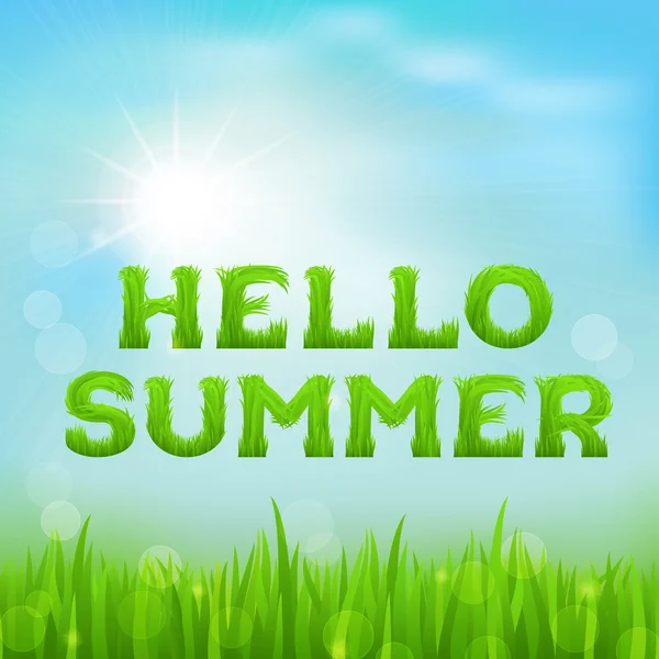 Hello summer inscription made of grass. Summer background with fresh green grass on blurred soft background.