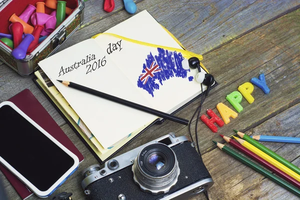 Notebook with drawings (Australian flag, map),Vintage camera,sma