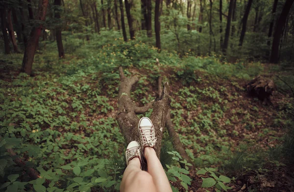 Feet in sneakers in the forest. Resting concept.