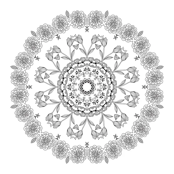 Vector hand drawn black floral mandala circle ornament isolated on the white background.