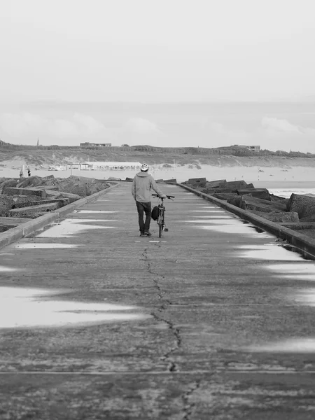 Lone pedestrian pushing bicycle along a concrete pier