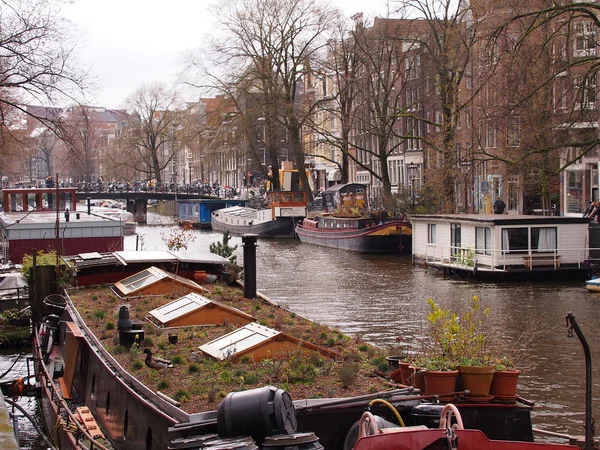 House boat on a canal in the Amsterdam