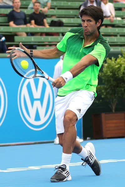 Fernando Verdasco at an  Exhibition and practice match at Kooyong TC makes ball contact with a high backhand