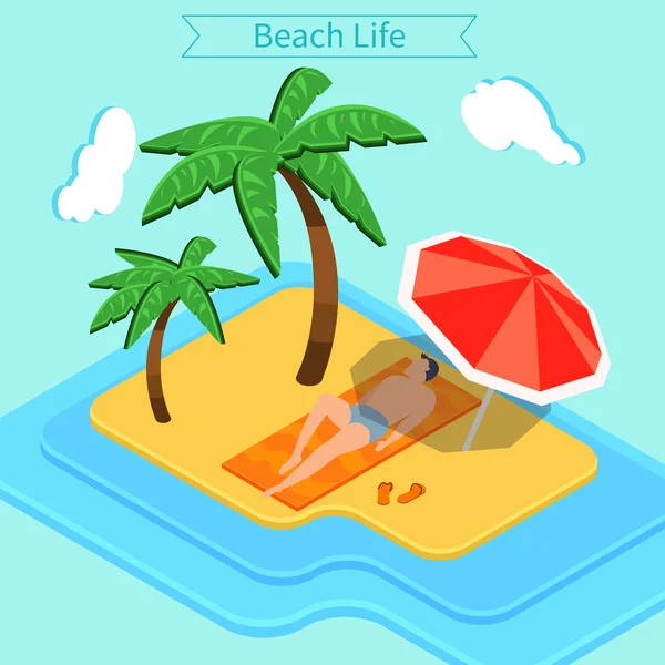 Beach Vacation. Summer Time. Tropical Vacation. Exotic Island. Man on the Beach. Palm Trees. Isometric Concept. Vector illustration