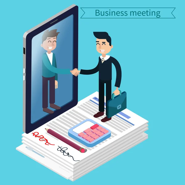 Business Meeting. Man with Suitcase. Business Man. Success in Business. Agreement Signing. Successful Negotiations. Isometric Concept. Vector illustration