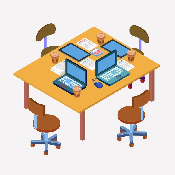 Office Workplace. Modern Workspace. Business Meeting. Team Working. Work Process. Isometric Concept. Laptop, Computer, Tablet. Vector illustration