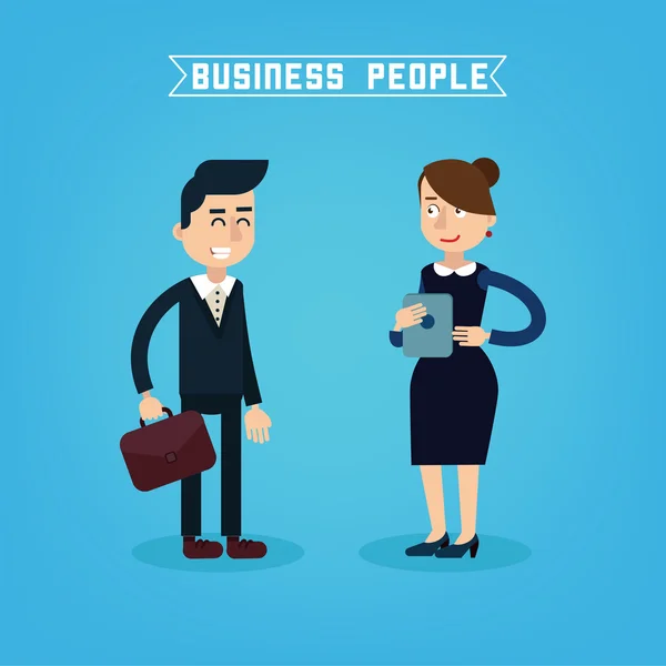 Business People. Businessman and Businesswoman. Woman with Tablet. Man with Briefcase. Business Team. Vector illustration. Flat style