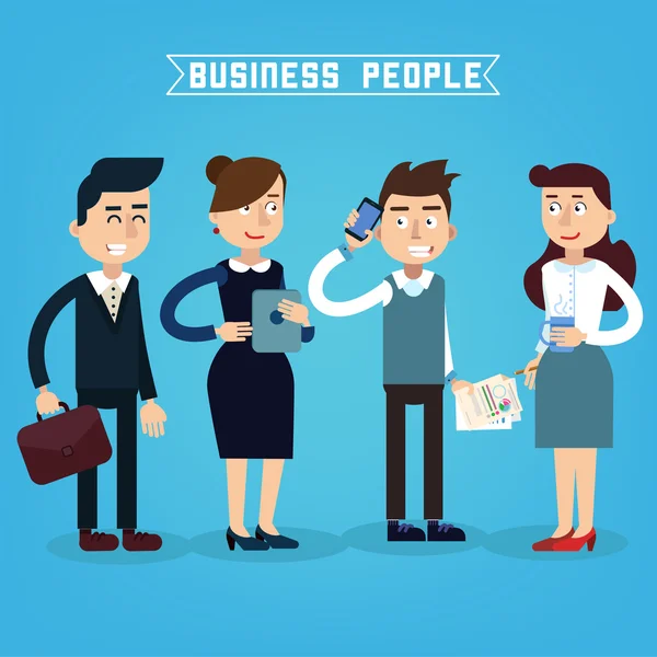 Business People. Businessman and Businesswoman. Woman with Tablet. Woman with Coffee. Man with Phone. Man with Suitcase. Business Team. Vector illustration. Flat style
