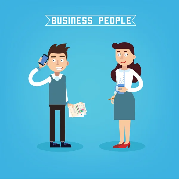 Business People. Businessman and Businesswoman. Woman with Coffee. Man with Phone. Business Team. Vector illustration. Flat style