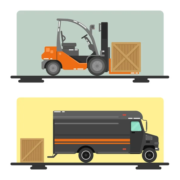 Forklift Truck. Delivery Van. Logistics Industry. Heavy Transportation. Cargo Transportation. Delivery Service. Vector illustration. Flat Style